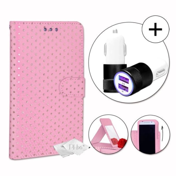 PH26® Super Pack Folio fodral för guldprickiga i Fuchsia eko-läder med korthållare, spegel + billaddare Cigarettändare