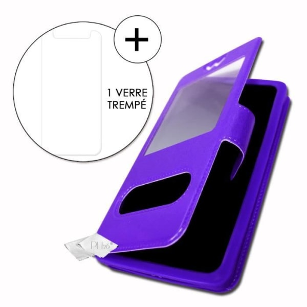 Super Pack Cover för Homtom C13 Extra Slim 2 Windows eco-läder + High Transparency Tempered Glass LILA