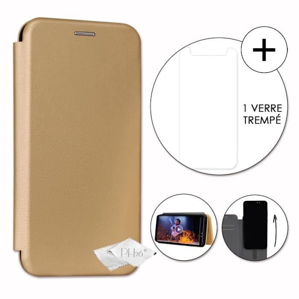 Housse folio - PH26 - Logicom Le Hop - Ekologiskt läder med struktur - Orange - Härdat glas ingår Guld guld