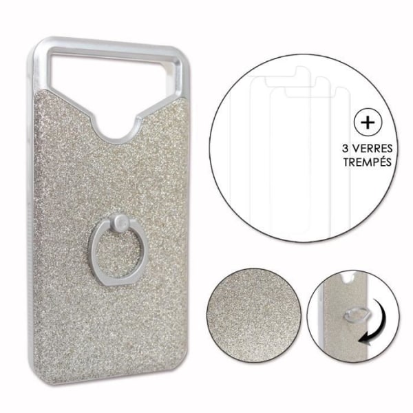 Apple Iphone 8 Plus PACK Sølv rhinestone bagcover med ring + 3 hærdede glas MAKSIMAL hårdhed