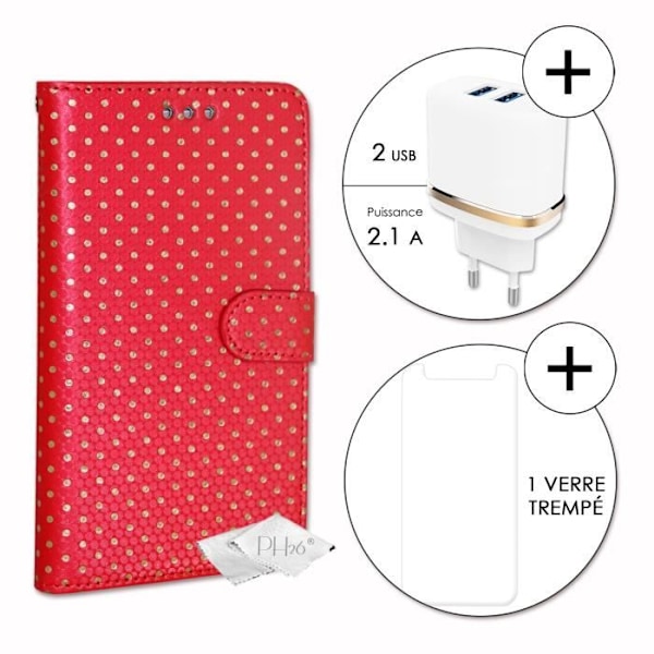 PH26® Super Pack Folio cover til guldprikker i rødt øko-læder med kortholder, spejl + 1 hærdet glas MAKSIMAL hårdhed, Röd