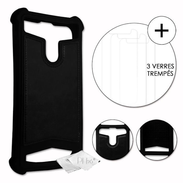 Super Pack til LG G8X ThinQ læder-stil bagcover + 3 ultra-resistente og gennemsigtige hærdet glas beskyttelsesfilm - SORT
