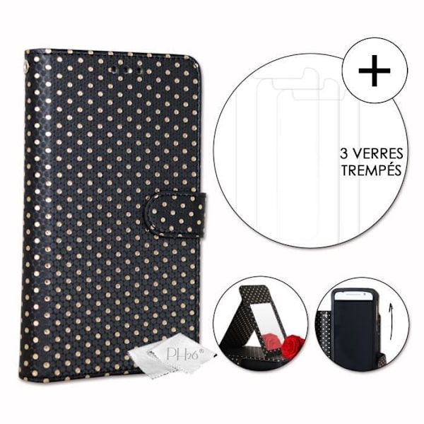 PH26® Super Pack Folio suojakuori kullanväriselle täplälle mustaa ekonahkaa, korttiteline, peili ja näkyvät tikkaukset 3