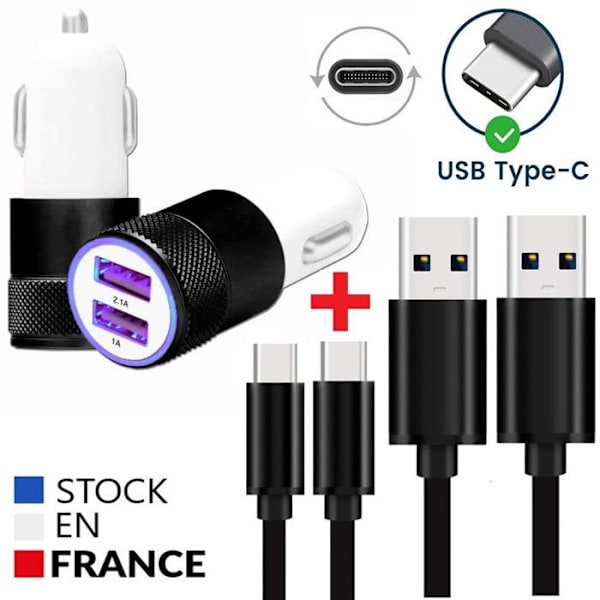 Autoopladerpakke + 1 USB-C-kabel til UMIDIGI G9T Ultra-kraftig og hurtig oplader + 2 kabel 1M-SORT Vit