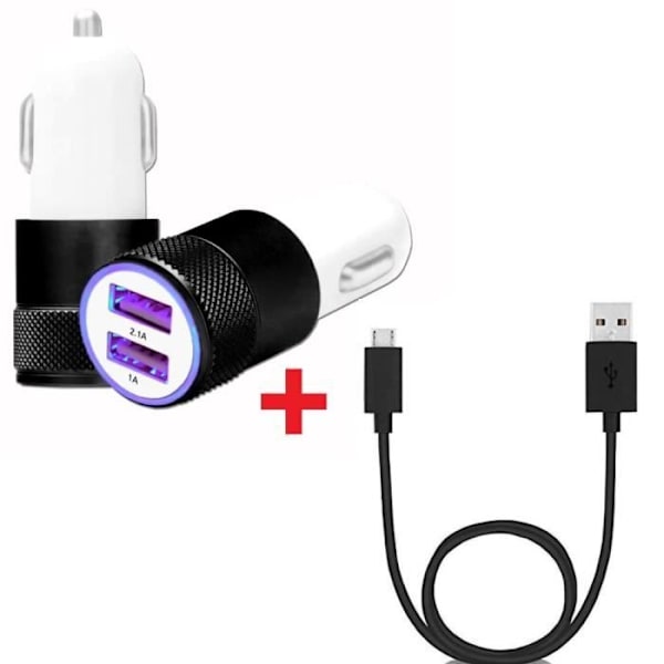 Autoopladerpakke + Micro USB-kabel til Blackview A70 Ultrakraftig og hurtig oplader 2X (5V - 2.1A) + 1M kabel - SORT