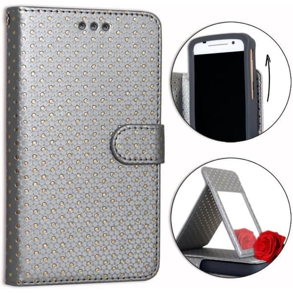 Cover til Samsung Galaxy A10 - SILVER - Øko-læder - Kortlomme - Spejl - Synlige stikninger Grå