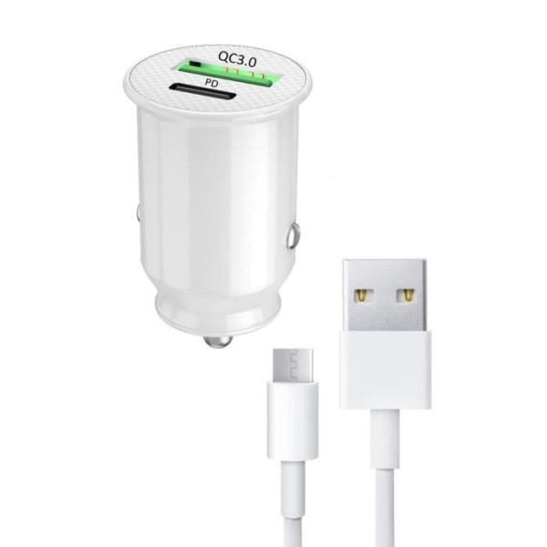 Billaddarpaket för Huawei P Smart 2021 USB till USB Typ C Snabbladdning 30W PD & QC 3.0 + 1 Typ C-kabel - 2 portar Vit