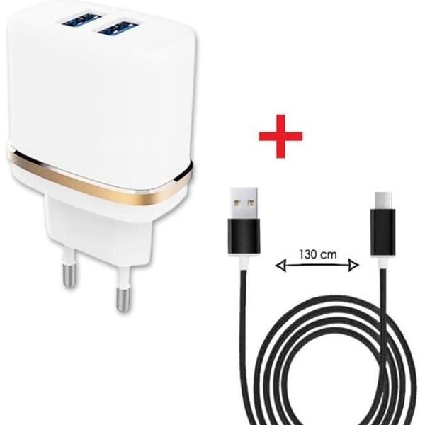 Autoopladerpakke + Micro USB-kabel til Samsung Galaxy A12 Ultrakraftig og hurtig oplader 2X (5V - 2.1A) + 1M kabel - SORT Svart