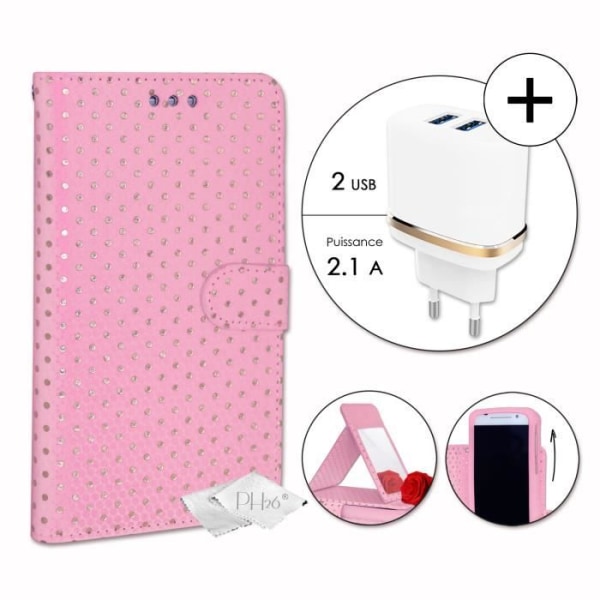 PH26® Super Pack Folio suojakuori kullanväriselle täplälle Fuchsia ekonahkaa korttitelineellä, peilillä + Ultra Fast Power Charger