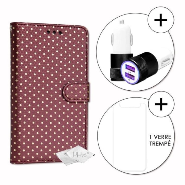 PH26® Super Pack Folio fodral för guldprickiga i brunt ekoläder med korthållare, spegel + 1 härdat glas MAXIMAL hårdhet,