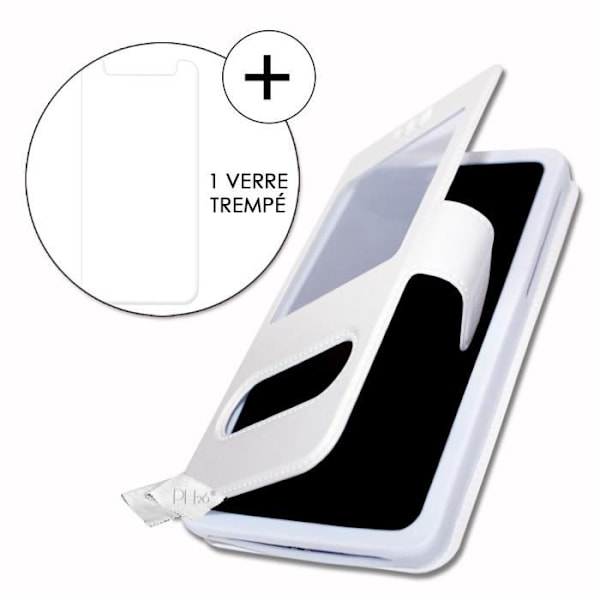 Super Pack Cover för HiSense F27 Extra Slim 2 Windows eco-läder + High Transparency Tempered Glass WHITE