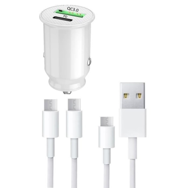 Bilopladerpakke til Huawei Honor 30 Pro+ USB Type C Hurtigopladning 30W PD & QC 3.0 + 1 Type C-kabel + 1 TypeC-kabel TypeC Vit