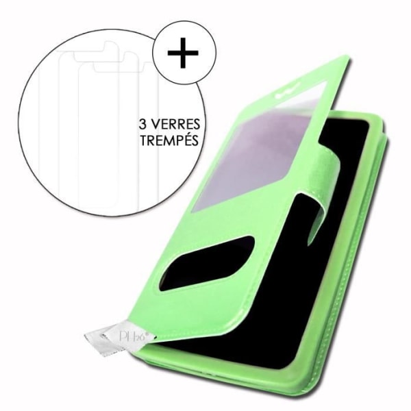 Super Pack-fodral till HTC Wildfire E1 Extra Slim 2 Eco-läderfönster + 3 högtransparens skyddsglasögon GRÖN