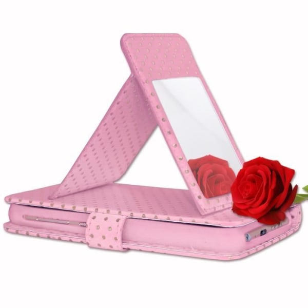 Housse folio - PH26® - Aquos S3 mini - Øko-læder rosa - Guldprikker - Indbygget spejl Rosa med gyllene prickar