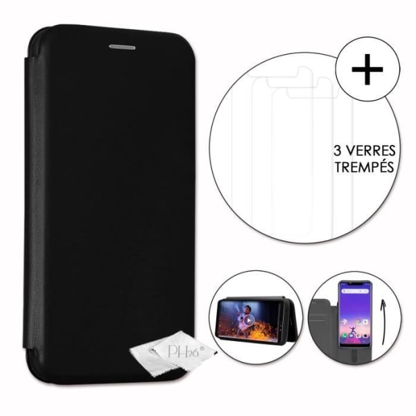 PH26® Super Pack Folio-korthållarfodral i svart grynigt eko-läder för Logicom Le Hop med 3 härdade glas, maximal hårdhet Svart