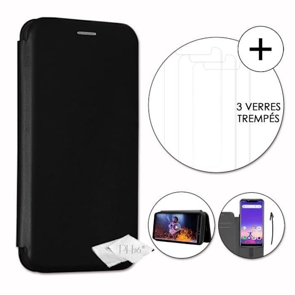 PH26® Super Pack Folio kortholder etui i sort kornet øko-læder til Logicom Le Hop med 3 hærdede glas, maksimal hårdhed Svart