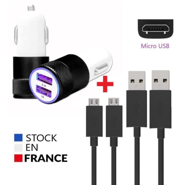 Autoladdarpaket + 2 Micro USB-kablar för Doogee S35 Pro Ultrakraftig och snabb laddare 2X (5V - 2.1A) + 1M kabel - SVART. Svart