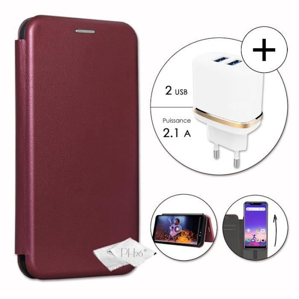 Etui fodral folio - PH26 - Logicom Le Hop - Ekoskinn med struktur - Bordeaux - Snabbladdare Bordeaux