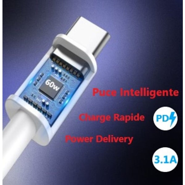 60W USB C till USB C-kabel - 1 meter för Vivo iQOO Z9 Turbo, 3.1A PD snabbladdningskabel