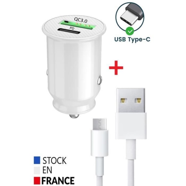 Billaddarpaket för Huawei P Smart 2021 USB till USB Typ C Snabbladdning 30W PD & QC 3.0 + 1 Typ C-kabel - 2 portar Vit