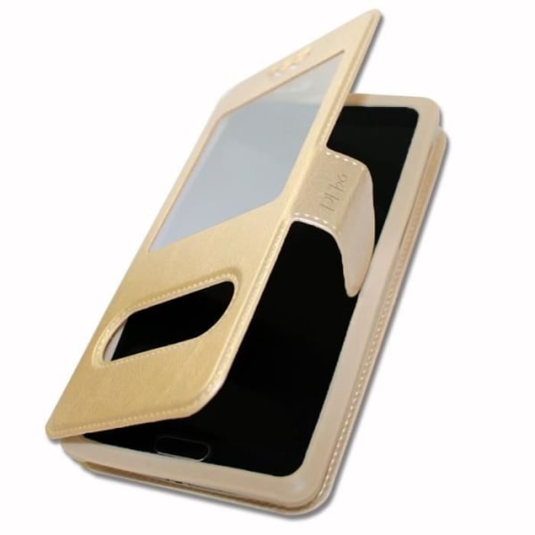 Elephone A5 lite Foliofodral Skal Guld Guld Extra Slim X 2 Fönster i ekologiskt kvalitetsläder med magnetisk stängning och sömmar