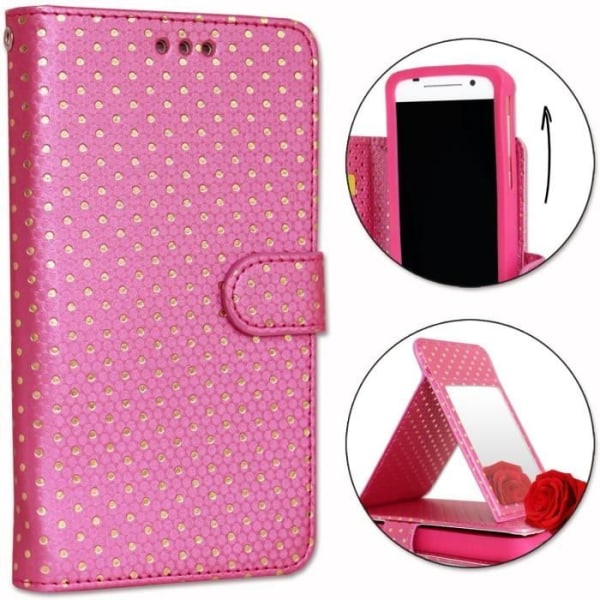 Hölster för Samsung Galaxy A01 - FUSHIA - Ekoleder - Kortfack - Spegel - Synliga sömmar Rosa