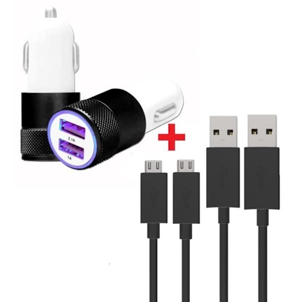 Autoopladerpakke + 2 mikro-USB-kabler til Samsung Galaxy A02 2X-oplader (5V - 2.1A) + 2 1M kabler - SORT