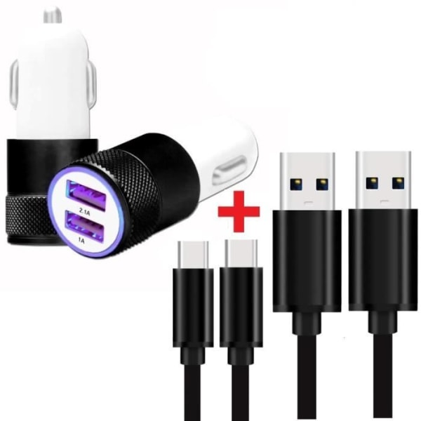 Autoladdarpaket + 2 USB Type C-kablar för Vivo iQOO 11S Ultrakraftig och snabb laddare 2X (5V - 2.1A) + 2 1M-kablar - SVART
