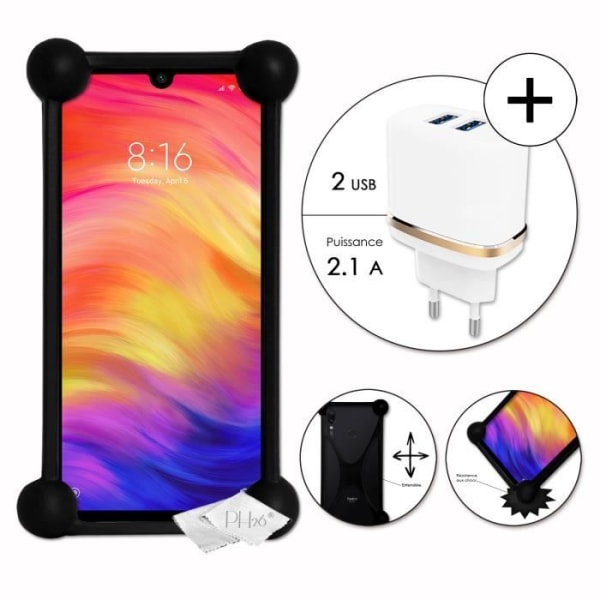 Super Pack sort stødsikker kofanger etui i kvalitets silikone til Xiaomi Redmi Note 7 med en netoplader, ultrahurtig 2x USB