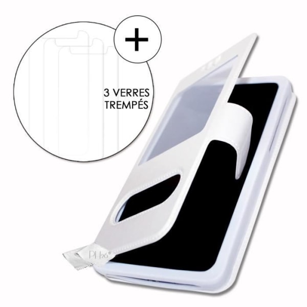 Super Pack Cover for Alcatel 1 (2019) Extra Slim 2 Eco-nahkaikkunat + 3 erittäin läpinäkyvää suojalasia VALKOINEN