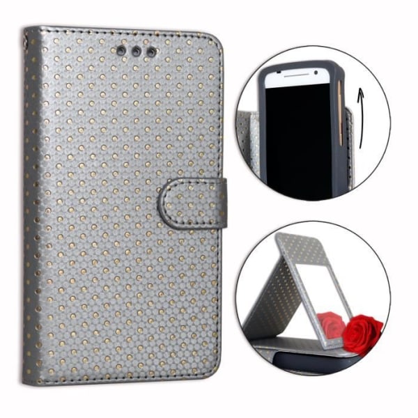Housse folio - PH26® - Sharp Aquos S3 mini - Øko-læder sølv - Gule prikker - Indbygget spejl Silver med gyllene prickar