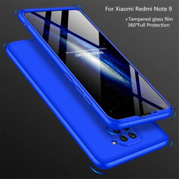 Asus Xiaomi Redmi Note 9 -kotelo, kotelo + karkaistu lasi 360 asteen suojaus kova PC-puskuri - sininen Blå