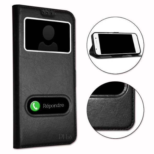 iPhone 6 Plus etui - PH26 - Sort imiteret læder - Folio med vinduer - Magnetisk - Letvægtsdesign Svart