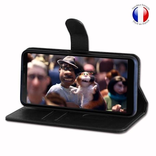 Plånboksfodral dedikerat till Huawei Y5P - grainad läderstil med magnetisk flik för förvaring av kort och videostöd - Svart