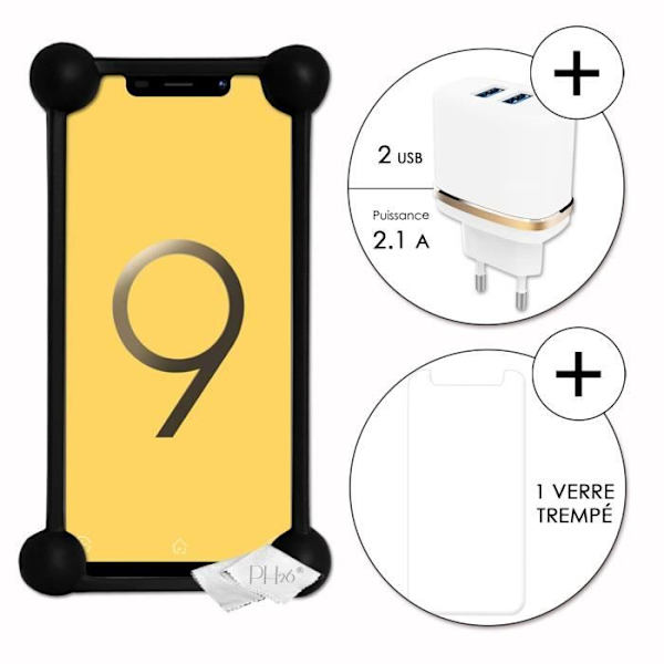 Super Pack sort stødsikker kofanger etui i kvalitets silikone til V-Mobile S9 (2019) med 1 netoplader, Ultrahurtig 2x USB