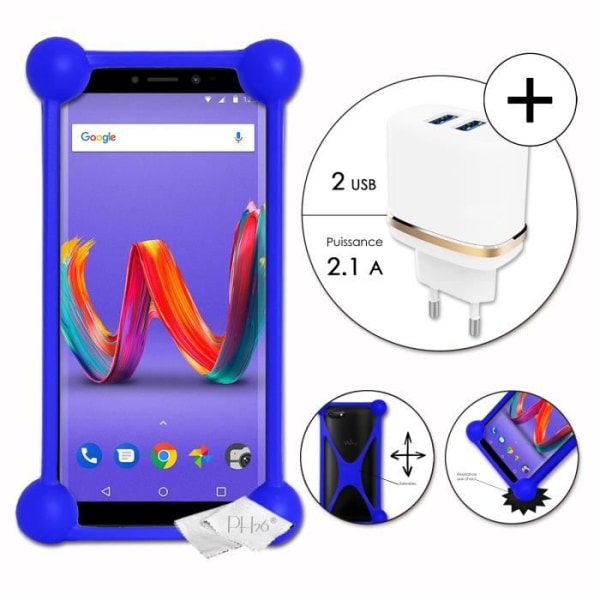Super Pack blå stødsikker kofanger etui i kvalitets silikone til Wiko Harry 2 med netoplader, Ultrahurtig 2x USB 2.1A