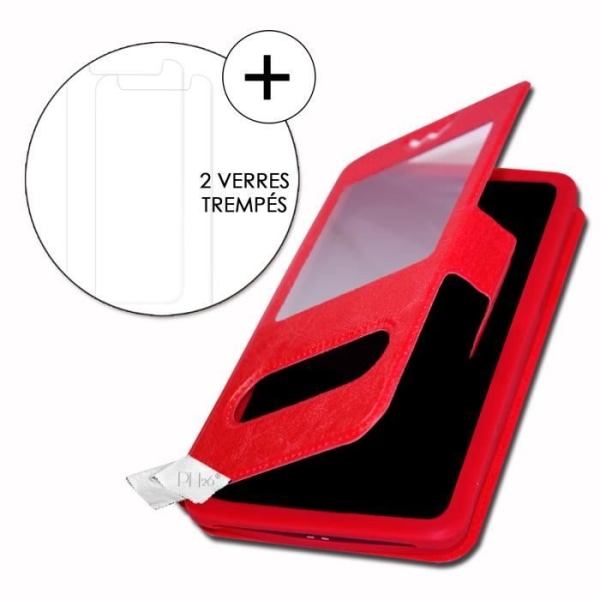 Super Pack-fodral för Nokia 2V Extra Slim 2 Eco-läderfönster + 2 högtransparens skyddsglasögon RÖDA