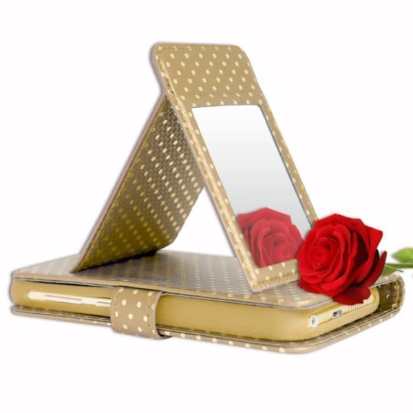 PH26® Gold folio-etui med guldprikker til Alcatel Pop 4S (5.5P) i øko-læder med kortholder, spejl og syninger