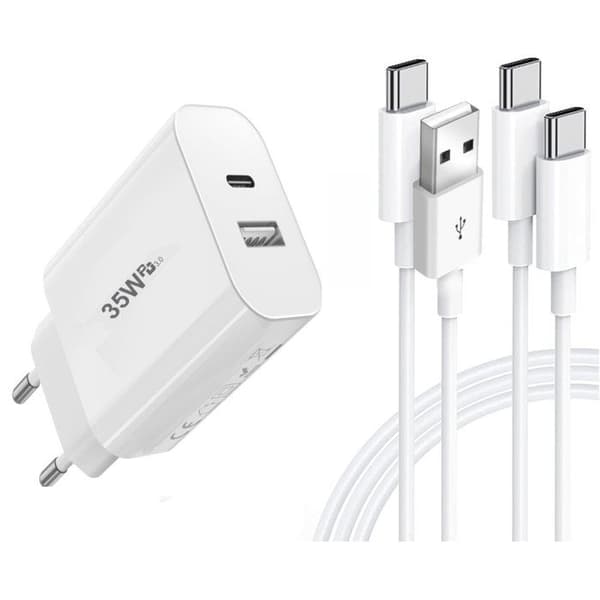PH26® USB-C Oplader 35W, 2 Porte PD 3.0 QC 3.0 Hurtig Oplader + 2 Kabler 2 meter kompatibel med Google Pixel 10 Pro
