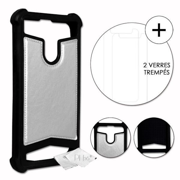 Super Pack för Sharp Aquos V Bakstycke i läderstil + 3 ultraresistenta och transparenta skyddsfilmer av härdat glas - SILVER