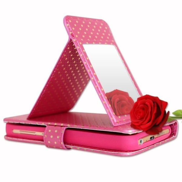 PH26® Fuchsia folio-etui med guldprikker til 4G-smartphone, BeautyTop i øko-læder med kortholder, spejl og syninger