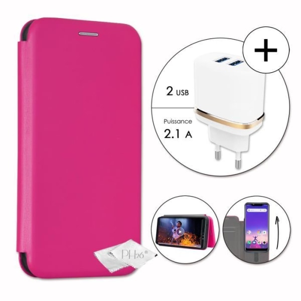 Etui hus cover - PH26 - Logicom Le Hop - Øko-læder med struktureret overflade - Lyserød - Hurtig oplader Rosa