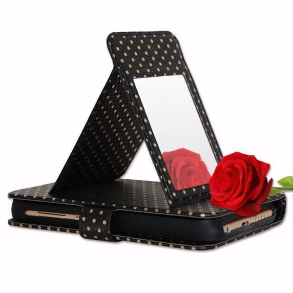 Housse folio - PH26® - Huawei Enjoy 8 Plus - Ekoskinn svart - Guldprickar - Inbyggd spegel Svart med guldprickar