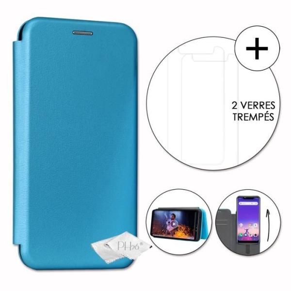PH26® Super Pack Folio-korthållare i blånarvigt ekoläder för Logicom Le Hop med 2 härdade glas, maximal hårdhet Blå