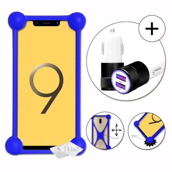 Super Pack stødsikker blå kofangerkasse i kvalitetssilikone til V-Mobile S9 (2019) med en cigarettænderoplader, Ultrahurtig 2x Blå