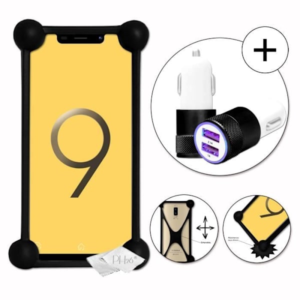 Super Pack sort stødsikker kofangerkasse i kvalitetssilikone til V-Mobile S9 (2019) med en cigarettænderoplader, Ultrahurtig 2x