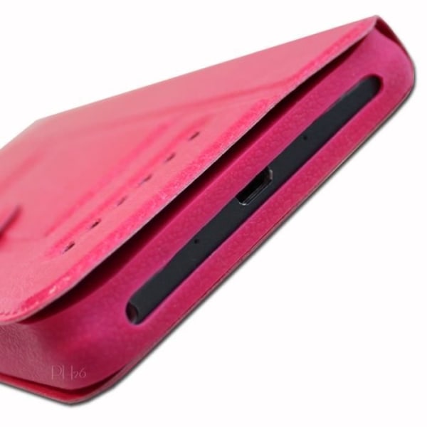 Super Pack-skydd för Sharp Sense3 Plus Extra Slim 2 Eco-läderfönster + 2 högtransparens skyddsglasögon FUSHIA PINK
