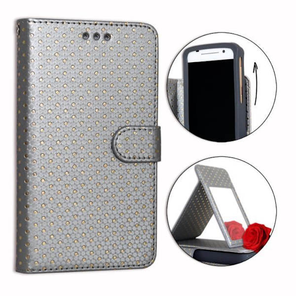 Housse folio - PH26® - Motorola E5 Plus - Ekologisk läder silver - Guldprickar - Videostöd Silver med gyllene prickar