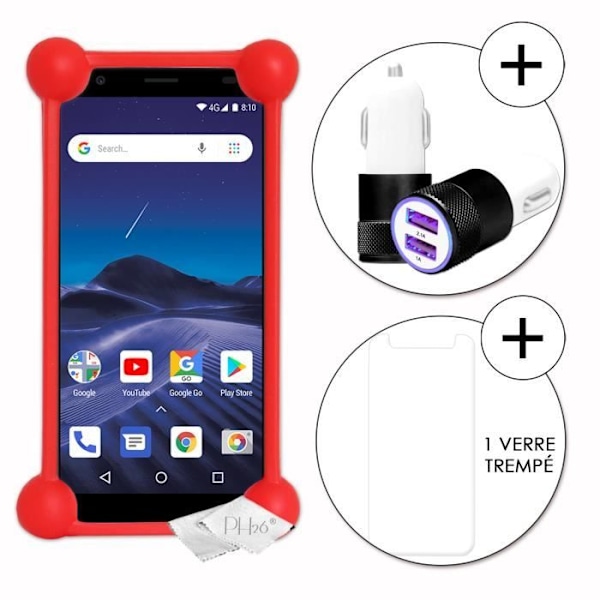 Super Pack punainen iskunkestävä puskurikotelo laadukkaasta silikonista Logicom Le Moov 2:lle, 1 tupakansytyttimen laturi, Ultra Fast 2x