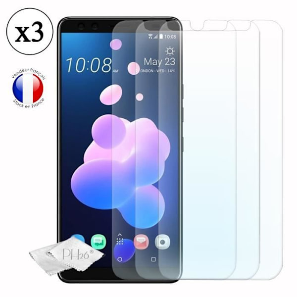 HTC U12+ Pack 3 näytönsuojat läpinäkyvästä karkaistusta lasista, erittäin kestävä, erittäin ohut, jälkiä estävä, asennus
